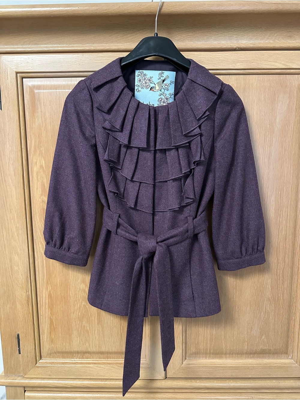 Women's size 4 Purple Ruffle Front Belted Jacket